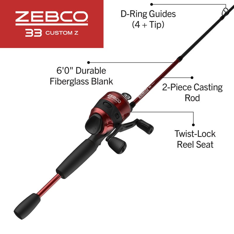 Zebco 33 Custom Z Spincast Reel and Fishing Rod Combo, 6-Foot 2-Piece Fiberglass Rod with EVA Handle, Quickset Anti-Reverse Fishing Reel with Bite Alert, Red, 30 - Image 2